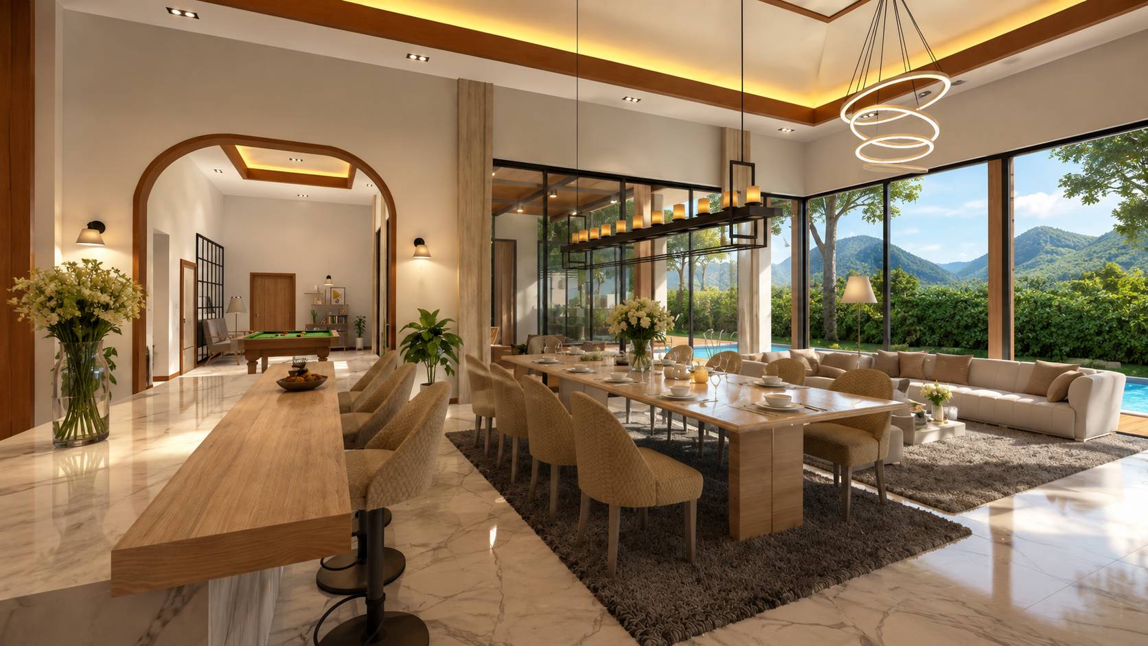 Grand double-height dining hall with breakfast bar, statement lighting and full-height windows to the lagoon and mountains
