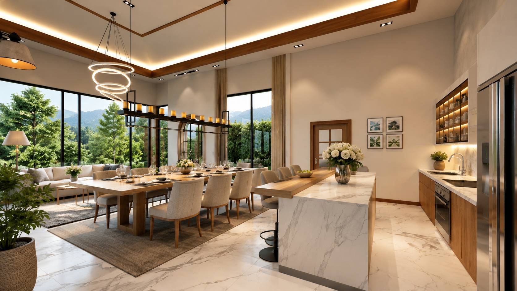 Open dining room and marble-island kitchen with mountain views through floor-to-ceiling glazing