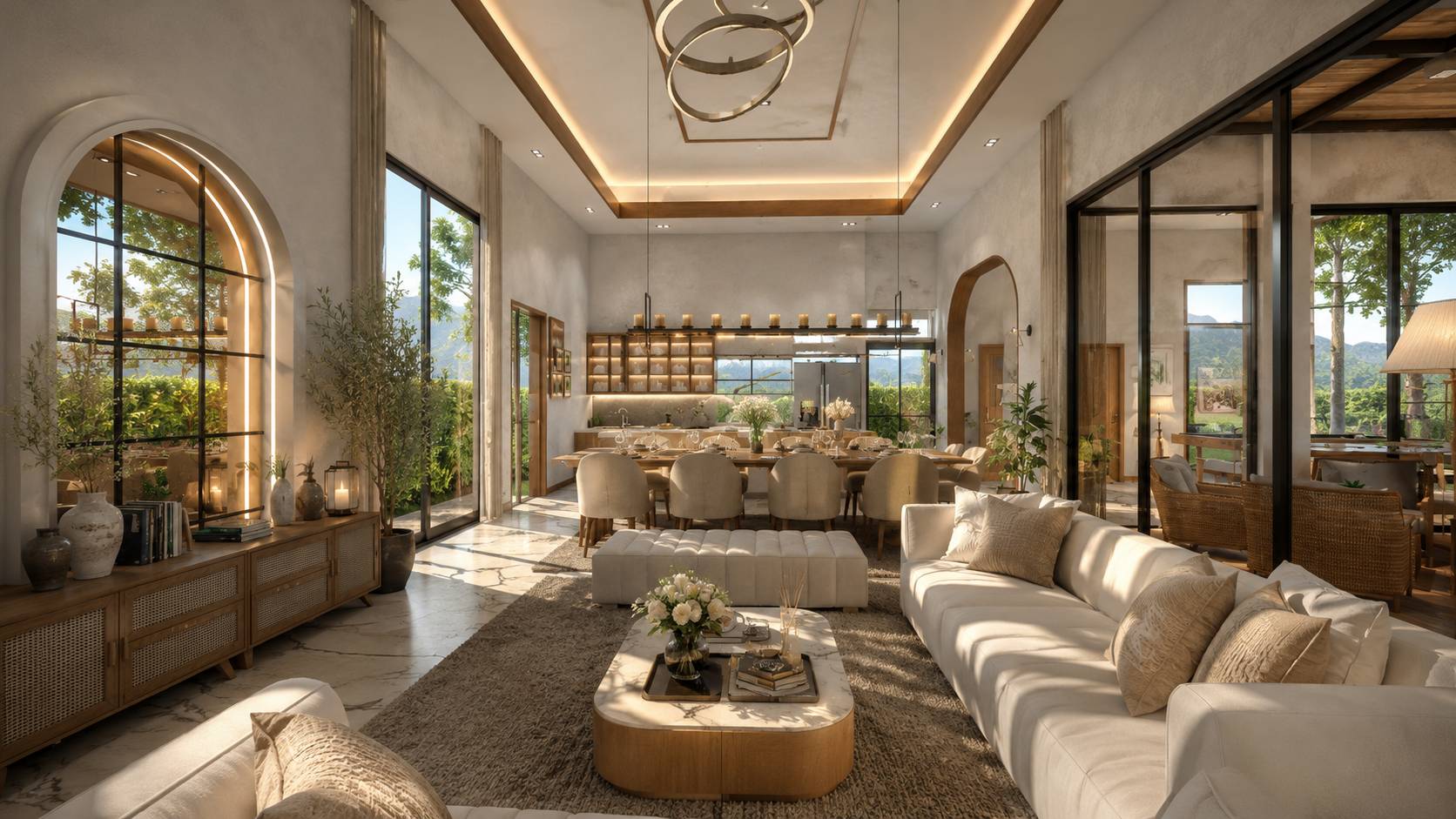 Elegant living room with arched picture windows, marble floors and a sunlit garden outlook