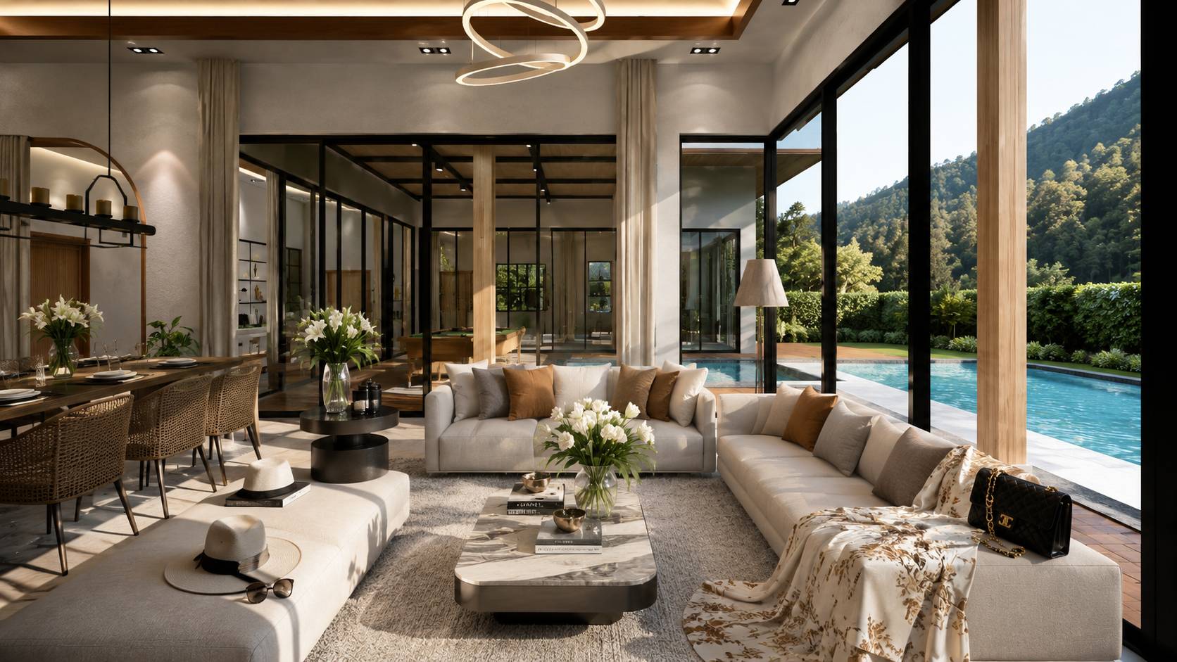 Open-plan living and dining room with floor-to-ceiling glass sliding doors opening to the private pool and mountain views