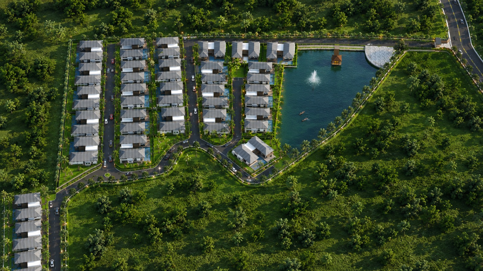 Aerial master plan of Winner Lagoon showing villa zones arranged around a central lagoon with fountain and clubhouse