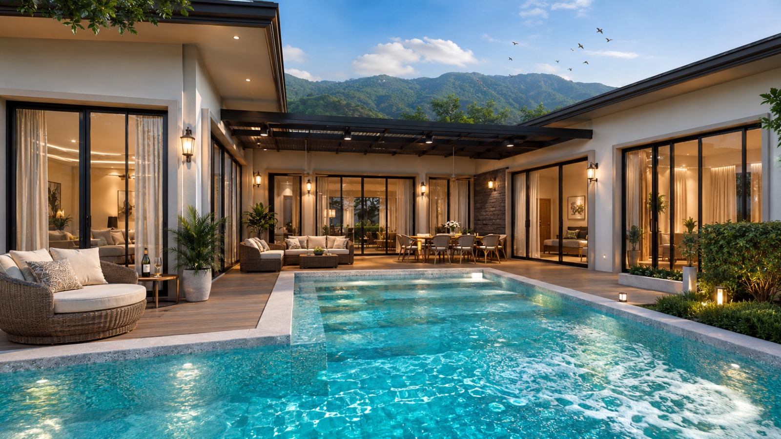 Courtyard pool with mountain view at twilight