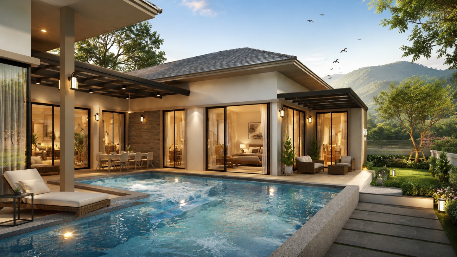 Warmly lit pool terrace and villa interiors at dusk