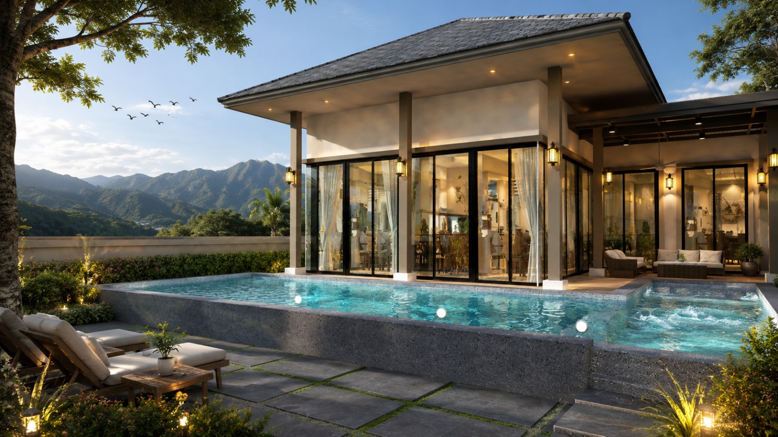 Villa pool framed by mountains