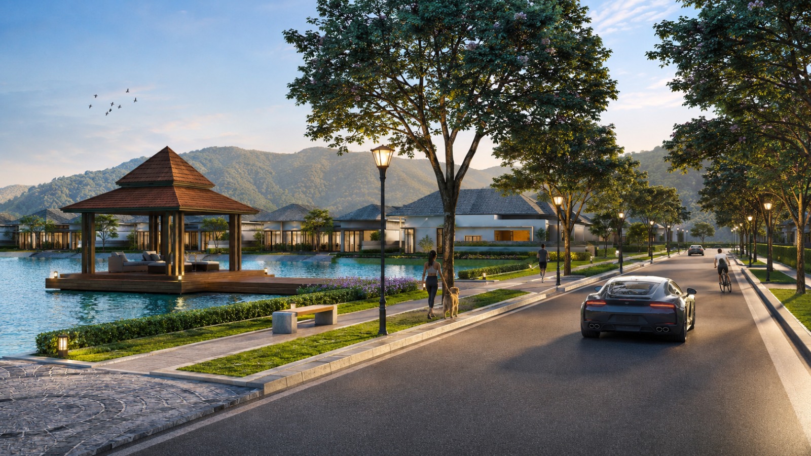 Landscaped lagoon promenade and residential street