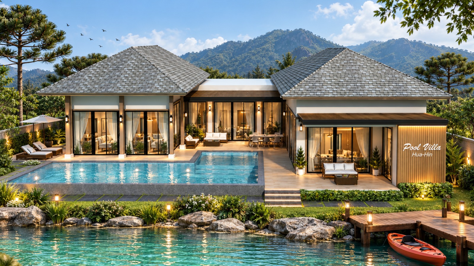 Luxury four-bedroom five-bathroom pool villa in Hua Hin with private infinity pool, terrace and lagoon kayak dock