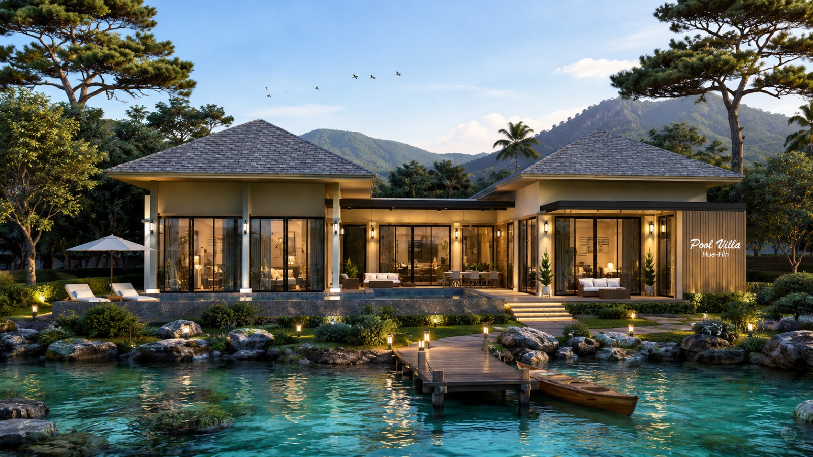 Winner Lagoon luxury pool villa at dusk with private jetty, rowboat and mountain backdrop in Hua Hin