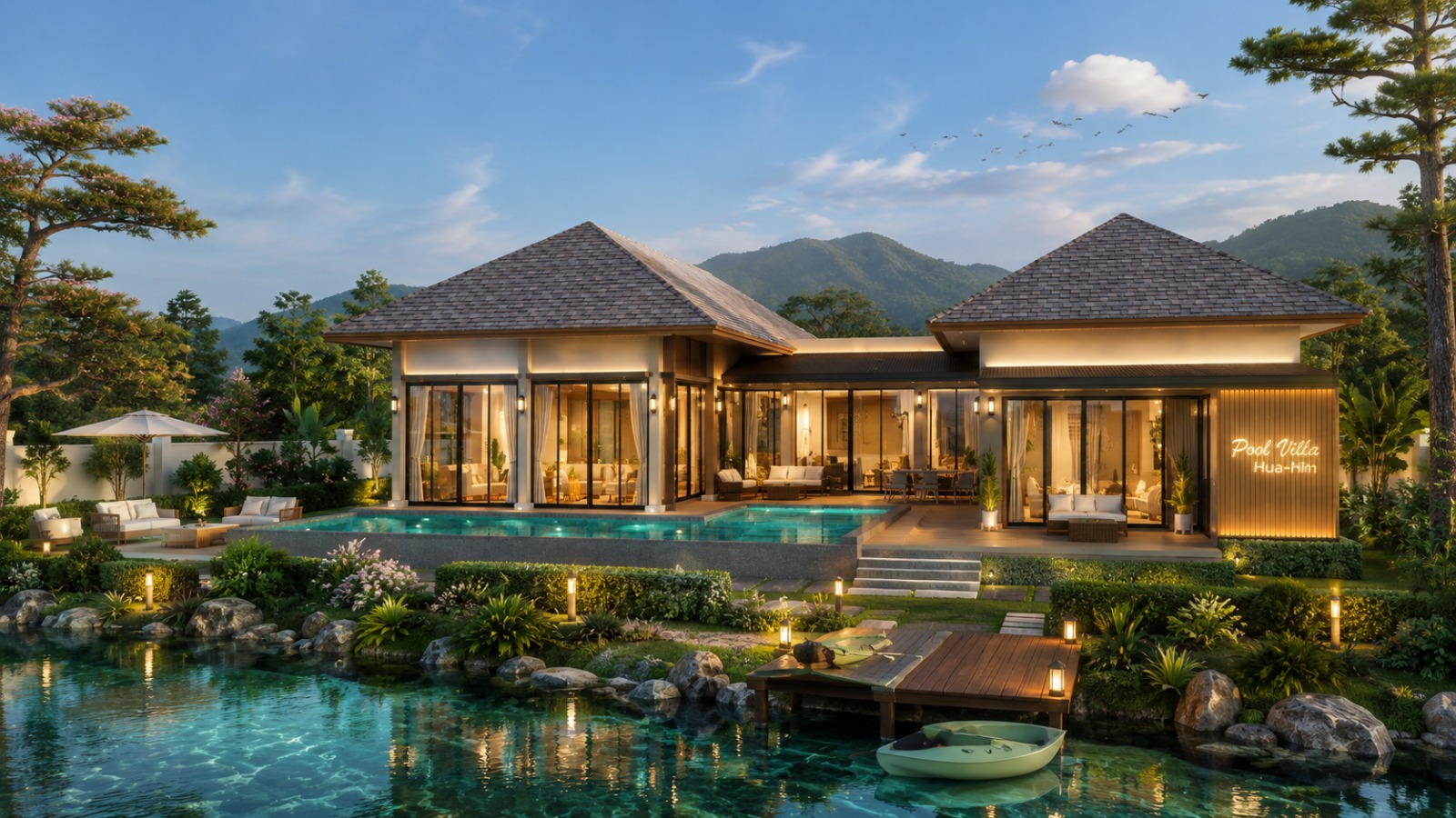 Illuminated pool villa with rowboat on the lagoon