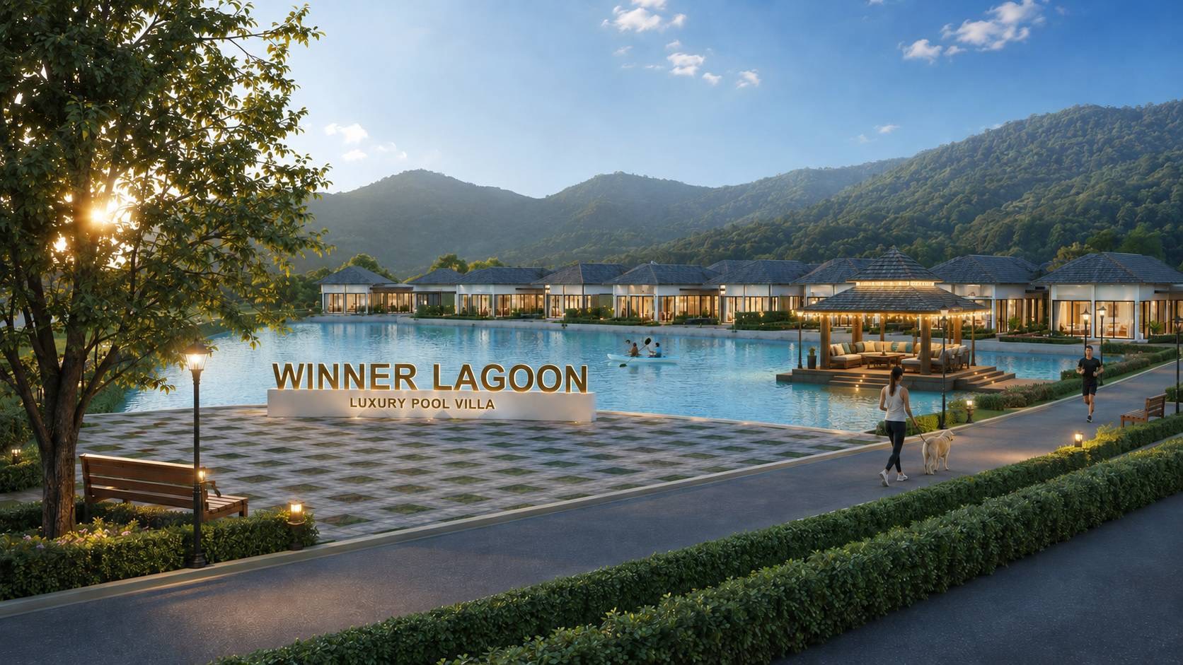 Winner Lagoon entrance signage beside the central lagoon with lakeside villas, gazebo and mountains